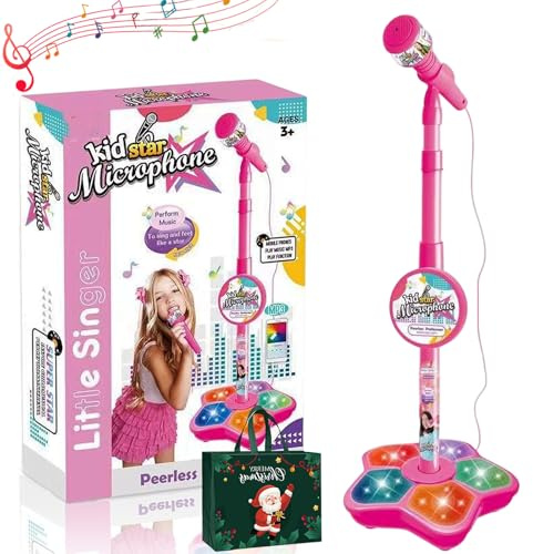 All in One Microphone Toy, Adjustable Kids Microphone and Stand with Flashing Stage Lights, Mini Karaoke Machine 1 Microphones, With Mobile Phones, Karaoke Toys Gift for Girls Boys (Pink)