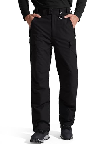 FREE SOLDIER Men's Waterproof Snow Insulated Pants Winter Skiing Snowboarding Pants with Zipper Pockets (Black Medium(34-36)/32L)