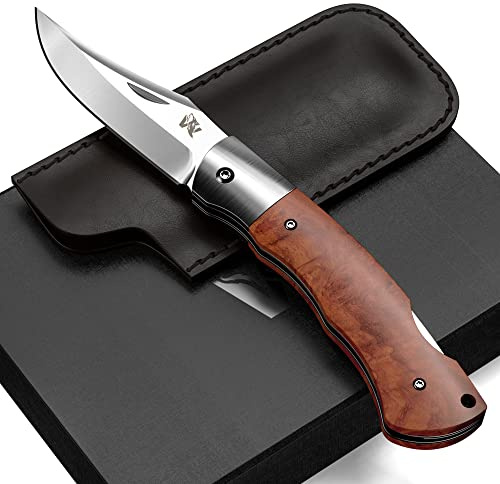 ODENWOLF VIRUM Zweihand-Klappmesser - Ein echter Gentlemen Folder mit hochwertigem Wurzelholz Griff - Taschenmesser Holzgriff - Edles Survival Outdoor Messer - Zweihandmesser inkl. Echt-Leder Tasche
