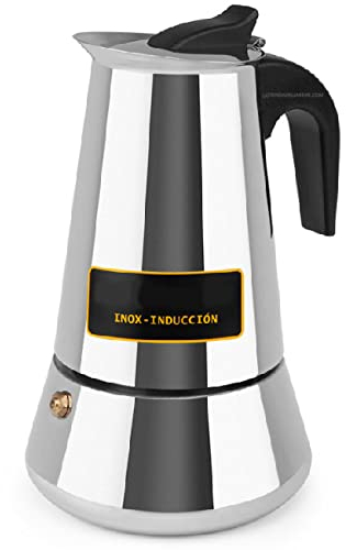 Suinga Cafetière italienne en acier inoxydable Capacité 6 tasses, utilisation pour gaz, vitrocéramique, électrique et induction.
