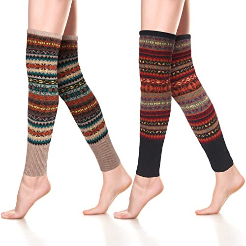 SATINIOR 2 Pairs Leg Warmers for Women Wool Leg Warmers Bohemian Winter Long Knit Boot Cuffs Socks for Women(Black, Khaki)