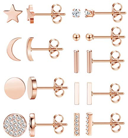 JeryWe 9 Pairs Stainless Steel Star Moon Stud Earrings for Women Cute Bar CZ Stud Earring Set (Rose Gold)