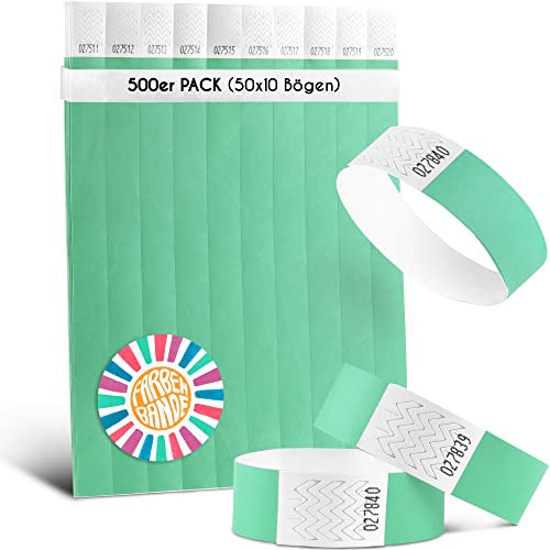 FARBEN BANDE® 500 Einlassbänder Aqua/Eintrittsbänder 19mm aus Tyvek/Party Bändchen reißfest, wasserdicht und nummeriert/farbige Partybänder/Einlassbändchen für Party, Festival & Feste