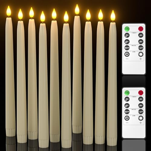 Yme 10 Pack LED Ivory Plastic Tapered Candles with Remote &Timer H28cm(11) | Warm White Battery Operated Taper Lights for Candlesticks Wedding Window Halloween Christmas Decorations (2 Remote Controls)