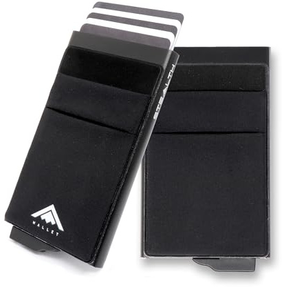 Stealth Wallet – Minimalistische Schlanke Leichte Pop-Up Kartenhalter – Kontaktlos Geschützte Sichere Smart Card-Halter Geldbörsen (Schwarz mit Elastischen Taschen)