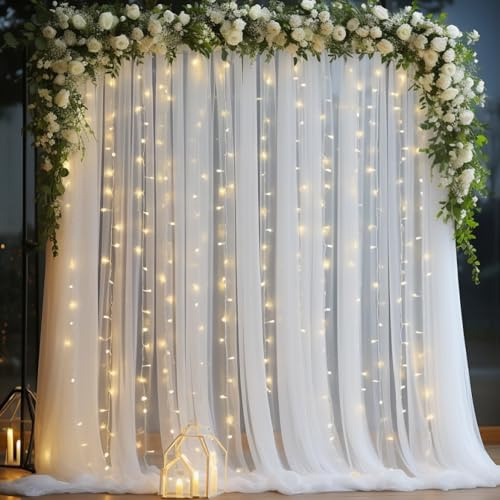 10x10ft White Tulle Backdrop Curtain with Lights String for Parites, Sheer Curtain Backdrop Drapes for Wedding Baby Shower Bridal Shower Birthday Party Photography Background Decoration