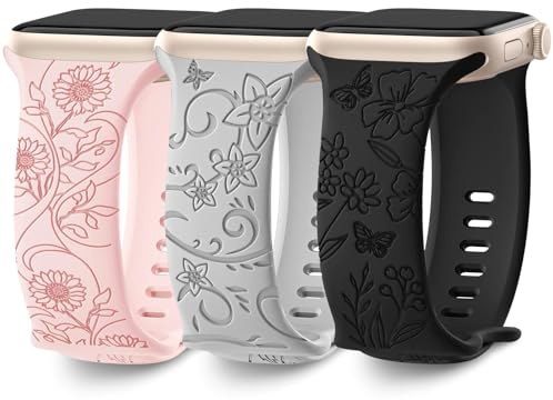 AMSKY Pack of 3 Floral Engraved Bracelets Compatible with Apple Watch Strap 40 mm 41 mm 38 mm 42 mm 44 mm 45 mm 49 mm for Women, Silicone Replacement Strap Compatible with iWatch Bracelet SE Ultra 8 7