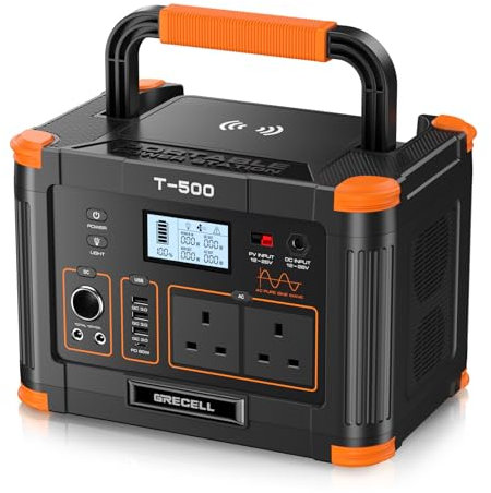 Portable Power Station 500W(Peak 1000W), GRECELL 519Wh Outdoor Solar Generator Backup Battery Pack with 2 230V AC Outlets, 500W 10-Port Powerhouse for RV/Van Camping Road Trip Home Emergency