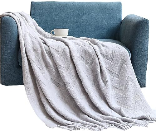 VisLarsc Strickdecke mit Quasten, bequem, weich, Reisedecke, leicht, wendbar, Mikrofaser, Decke für Bett, Couch, Stuhl, Sofa (Hellgrau, 130 x 230 cm)