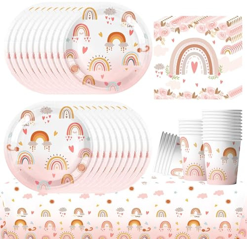 Vaisselle Arc en Ciel, Vaisselle Anniversaire Boheme pour 20 Personnes, Kit Anniversaire Bohème Arc-en-Ciel, Decoration Anniversaire Boheme Assiettes, Serviettes, Nappes,Gobelets en Papier