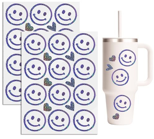 Stickers für Stanley Cup Zubehör Holographische Smile 2pcs Vinyl Selbstklebend Aufkleber Wasserdicht für Trinkbecher Zuberhör Laptop Handy