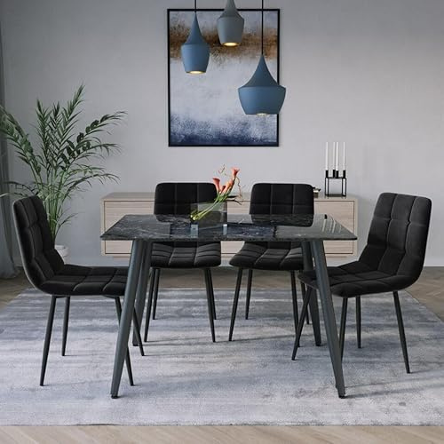 URBNLIVING 120cm Modern Ceramic Top Dining Table & 4 Comfortable Plush Velvet Chairs with Metal Legs Set for Kitchen, Dining Room