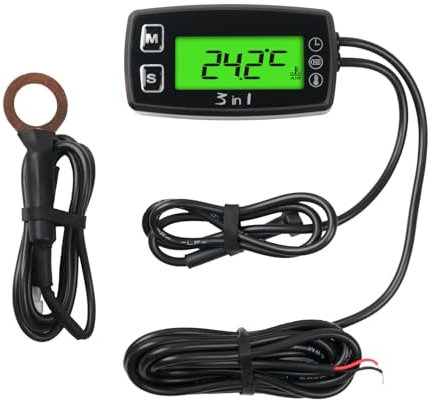 NInE-ROnG Motortemperaturanzeige, Voltmeter, 24-Stunden-Uhr mit Übertemperaturwarnung, grüne Hintergrundbeleuchtung, für Rasenmäher, Kettensägen, Motorräder, Außenbordmotoren, Gleitschirme, Traktoren