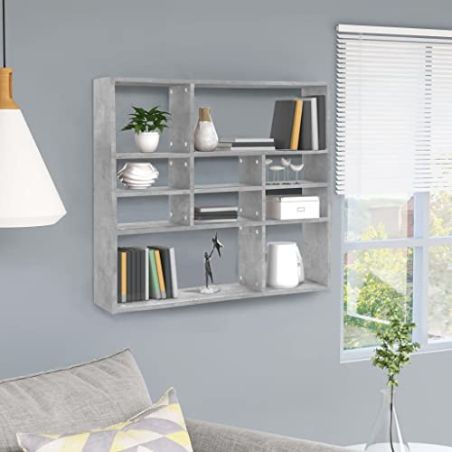 Baziroo Scaffale da Parete Grigio Cemento, Libreria Con 10 Scomparti Aperti per Soggiorno, 90 x 16 x 78 cm