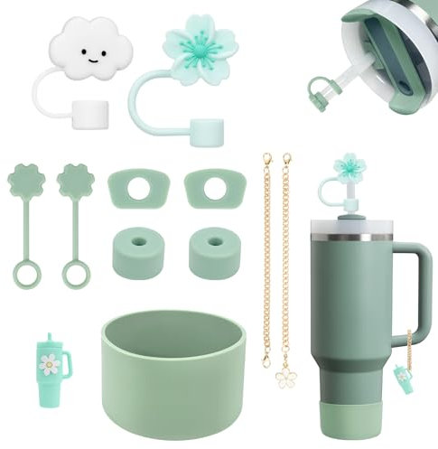 11 Stanley Water Bottle Accessories, Including 6 Stanley Cup Spill Protectors, 2 Silicone Straw Caps, 2 Charm Accessories, 1 Silicone Sleeve for (Shale Grün)