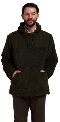 JACK PYKE Men’s Sherpa Fleece Hoodie Gen 2, Long Sleeve Hunting & Hiking Fleece Jacket Mens with Zipped Kangaroo Pockets, Elbow & Shoulder Patches, Drawstring - Camel Brown & Dark Olive, Size S-3XL