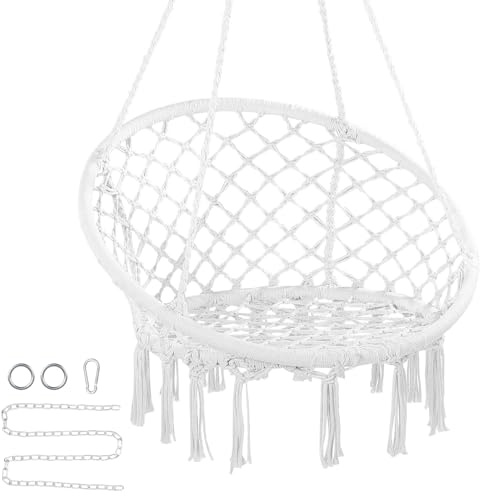 VEVOR Fauteuil suspendu, 150 kg, chaise suspendue pivotante en macramé, matériel de montage, corde en coton, chaise relax à franges, pour chambre, balcon, terrasse, jardin, intérieur, extérieur, blanc