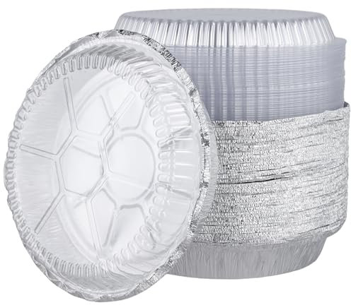 SINJEUN 100 Pack 8 Inch Aluminium Foil Trays with Clear Plastic Lids, 21.5 × 4.3cm Round Aluminium Foil Containers, Foil Pie Dish for Kitchen, Camping, Baking
