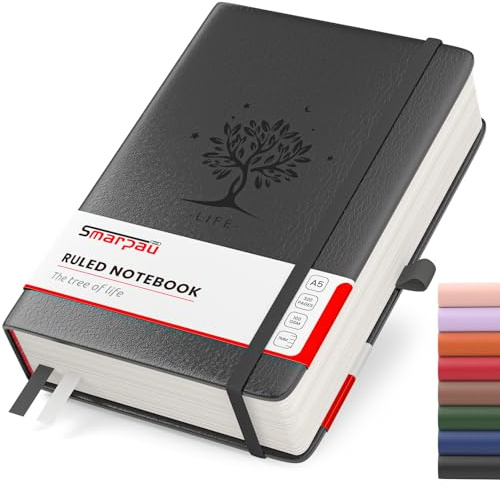 Smarpau Notizbuch B5, Hardcover Journal mit 320 Seiten und 100gsm Papier | Leder Journal mit Index Tabs, Der Collegeblock Notizblock Eignet Sich Zum Schreiben und Notieren, 19 x 25 cm-Schwarz