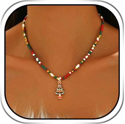 Handcess Weihnachts-Perlen-Halskette, bunte Weihnachtsbaum-Anhänger, Halskette, Kette für Damen, Free Size, Kunststoff, Kein Edelstein