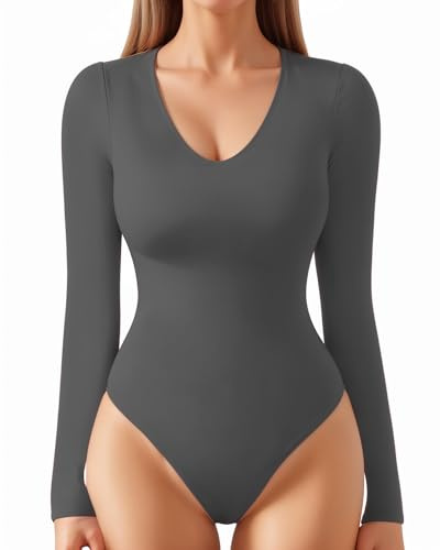 ALGALAROUND Women's bodysuits Double Lined Long Sleeve V-Neck Ladies Top Nylon Body Suit Shirt Leotard Basic Bodysuit for Women going out