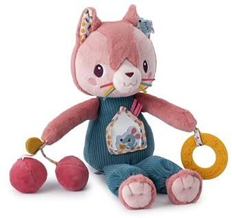 Lilliputiens - Activity Plüschtier Jeanne le Chat - Interaktive Babyrassel mit Spiegel, Silikon-Beißring, Glöckchen und Papiergeräusch - Stimuliert die Sinne und die Motorik - Ab 9 Monate.