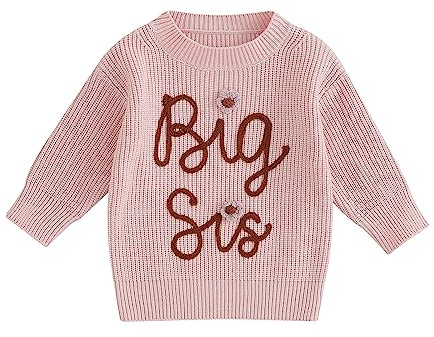 Suéter de punto para bebé niña hermana a juego con flores suéter Lil/Big Sister bordado suéter otoño invierno flores suéter de punto hermana a juego Top de punto, Rosa-big, 5-6 Años