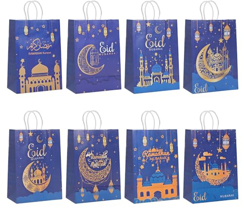 Colodeol 32 Stück Eid Mubarak Geschenktüten, Ramadan-Geschenktüten aus Papier mit Griffen, Ramadan-Leckerli-Partyzubehör, Eid-Party-Dekoration