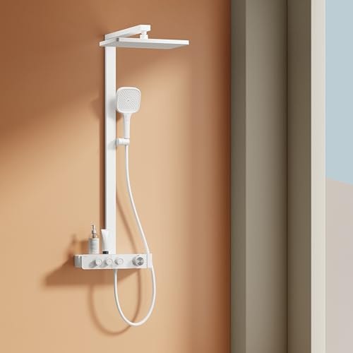 EMKE Thermostatische Duschsäule, Regendusche 360 mm, Handbrause mit 3 Funktionen, einstellbarer Wasserdurchflussregler, Gleitstange ohne Ende, einfache Installation, mattweiß