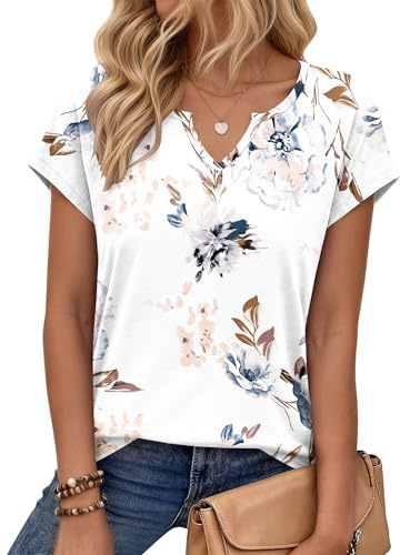 PLOKNRD T-Shirt Été Manches Courtes Col V Hauts pour Femmes Décontractés Tee Shirts Classique Lâche Top de Sport Fleurs Blanches XXL