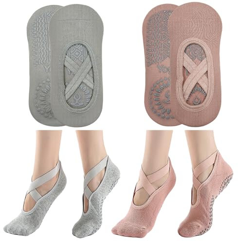 KEYRI 3 Par Halkfria Strumpor för Yoga, Pilates, Träning och Fitness - Andningsbara Golvstrumpor Med Grepp och Remmar för Kvinnor och Flickor