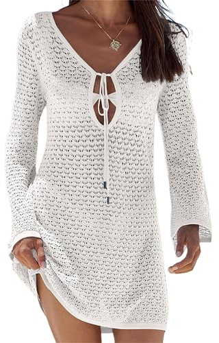Felcia Womens Crochet Swimsuit Coverup Summer Sexy V Neck Hollow Out Long Sleeve Mesh Knit Beach Dress (A-White, S)