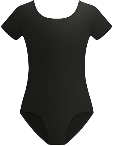 Stelle Black Leotard for Girls Ballet Dance Outfits With Short Sleeve Round Neck Gymnastics Leotards(Black,6-7Y)