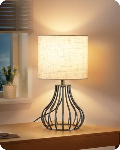 GOEBLESON Bedside Table Lamp, Black Metal Table Lamp with Beige Linen Lampshade, Modern Bedside Lamps for Bedroom, Living Room, Industrial Cute Desk Lamp, 4W 2700K LED Bulb Included, ZE10TLK05N1