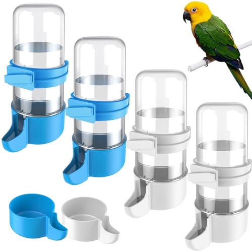Pawfly 4 Pcs Bird Water Dispenser, Automatic Bird Water Feeder for Parrot & Hamster, Feeder for Cage, White & Blue Waterer for Parakeet Cockatiel Budgie Lovebirds