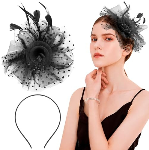 Heveer Fascinator-hatt för kvinnor nätfjäder pannband med hårklämma blomma cocktail huvudbonad för bröllop cocktail tefest, Svart, 1 count (Pack of 1)