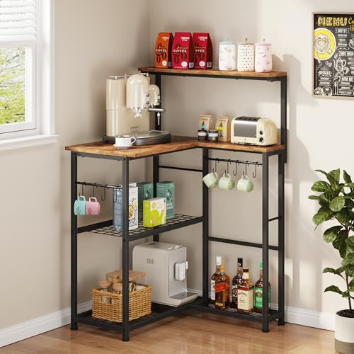 OYRREU 4 Stöckig Eckregal Küchenregal Stehend, Mikrowellen Regal für Küche Kaffeebar Pantryküche, Kitchen Microwave Corner Shelf, Kaffeeregal, 9 Haken, Industrial Holzregal