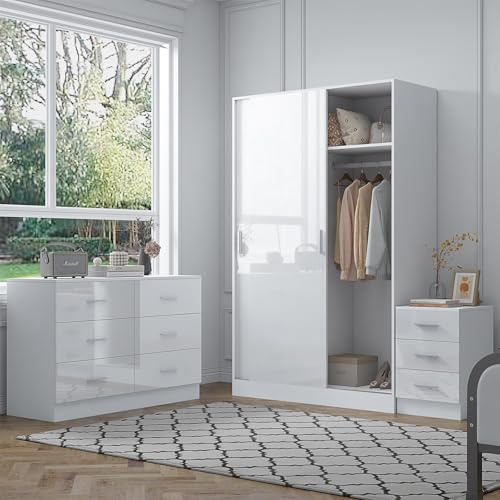 Reflect 2 Door Sliding Wardrobe, 6 Drawer Wide Chest, 3 Drawer Bedside Table | White Gloss & Matt White Finish | Modern Bedroom Furniture Set