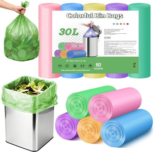 Bolsas de basura de 30 L, resistentes y coloridas, bolsas de basura de alimentos fuertes y a prueba de fugas, bolsas de basura de 8 galones para el hogar, baño y oficina (tamaño 25-35 litros, paquete