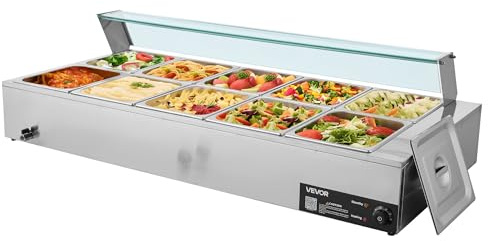 VEVOR Chauffe-Plat Électrique à Vapeur 1700 W, Buffet Chauffant en INOX, Bain-Marie avec 10 Bacs de 1/2, Couvercle en Verre et Louches à Soupe et Perforées, pour Servir Buffet en Libre-Service