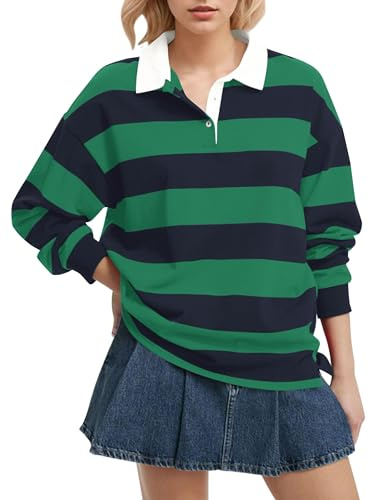Meladyan Polo rayé surdimensionné à Manches Longues et col en V pour Femme, Coupe Ample, Chemisier Streetwear Y2K, Vert-Bleu Marine, Taille S