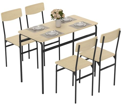 HOMCOM Set Tavolo e Sedie Sala da Pranzo 5 Pezzi, Tavolo da Pranzo Rettangolare e 4 Sedie in Legno e Metallo, Salvaspazio, Design Industriale, per Soggiorno Salotto Cucina, Nero e Color Legno