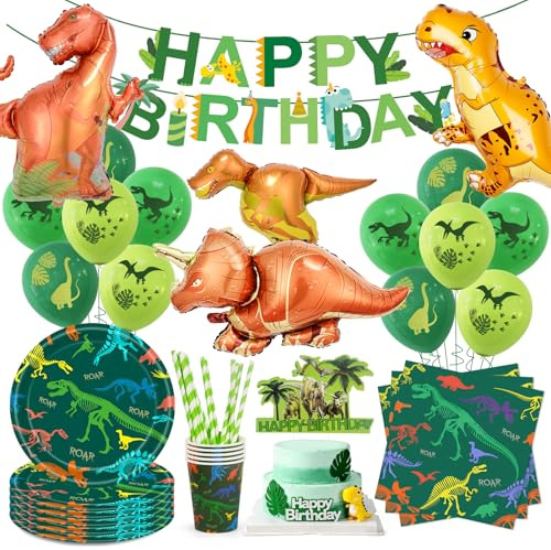 98 Stück Dinosaurier Partygeschirr,Dinosaurier Geburtstag Geschirr für 20 Gäste,Dino Partyteller Tassen Servietten Luftballon,Jura Party Deko für Junge Kindergeburtstag