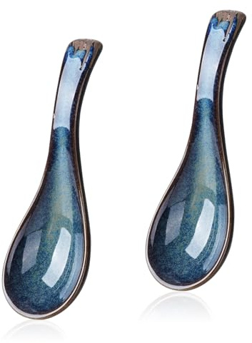 2PCS Japanese Style Soup Spoon, Ceramic Ramen Spoon, Chinese Soup Spoons, Retro Blue Porcelain Spoons for Rice, Miso, Pho, Udon, Wonton, Dumpling, Oatmeal and Stews, Dishwasher Safe (Cat's Eye Blue)