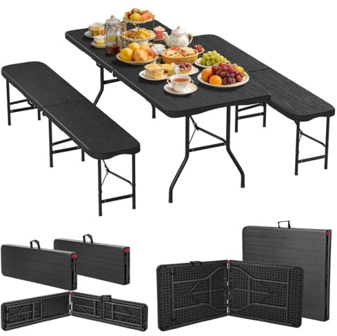 Hebitod Bierzeltgarnitur klappbar 3-teilig Set Tisch & 2X Bierbänke, Biertischgarnitur für drinnen & draußen, 180×74×74cm Klapptisch Holzmaserung-Optik Gartentisch mit Tragegriffe