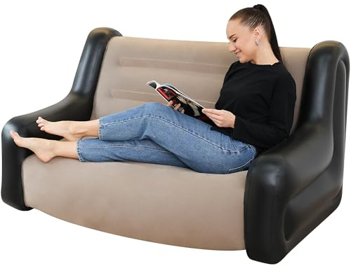 LONEEDY Aufblasbares zweifarbiges Stuhlsofa mit Armlehnen, aufblasbarer Sitz, Spielzimmer, Liege, Outdoor, Camping, Garten, Couch, weicher Plüschstoff für Erwachsene und Kinder (2-Sitzer, Khaki)