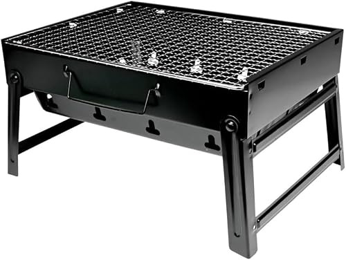 HOMMIA Barbacoa Portátil de Carbón, Acero Negro, 35x27x20 cm | Desmontable, Parrilla Compacta, Patas Plegables, Para Camping Playa y Jardín
