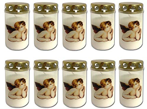 HAC24 Set di 10 lumini tombali bianchi con coperchio candele per tomba con angelo, motivo cimitero, decorazione tombale