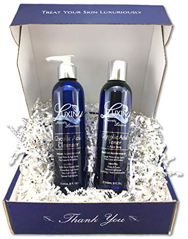 Glycolic Acid Face Wash Exfoliating Cleanser and Facial Toner Set 8oz, 10% AHA BHA Pore Minimizer for Anti Aging and Acne Treatment - Vegan Skin Care Products Made in the USA