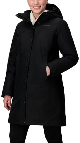 Marmot Wm's Chelsea Coat, Lätt dunjacka, vattentät dunparkas, varm vinterrock, regntät vinterjacka, vindtät funktionsjacka, outdoorjacka med huva, Kvinnor, Black, M